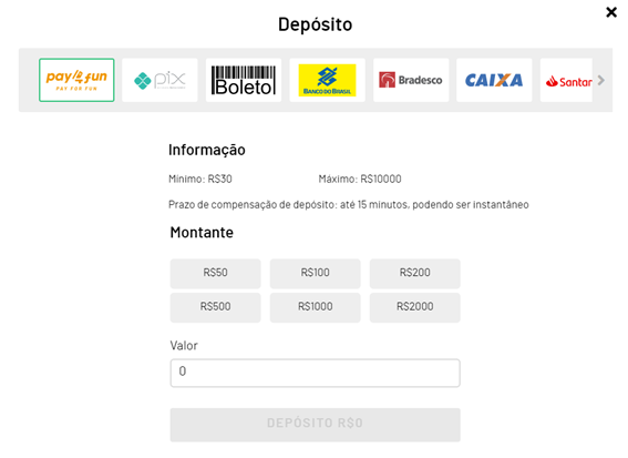 página com formas de pagamento e depósito dentro do site da kto